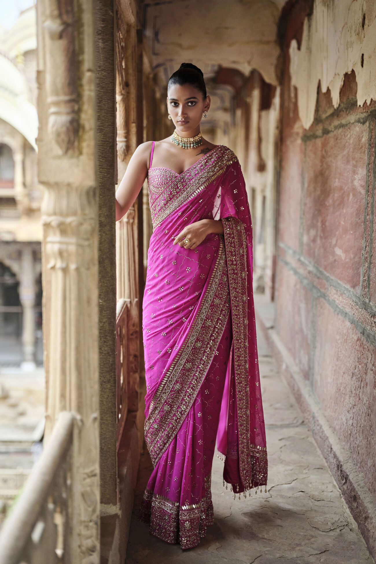 Anushna Handcrafted Badla Georgette Saree, Hot Pink, image 1